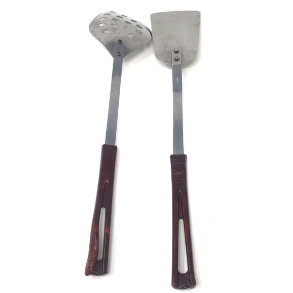 Vintage Maroon Bakelite Style Handles Stanhome Spatula & Large Slotted Spoon Set - Picture 6 of 11